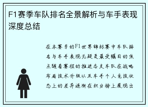 F1赛季车队排名全景解析与车手表现深度总结
