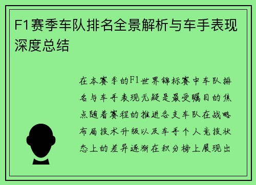 F1赛季车队排名全景解析与车手表现深度总结
